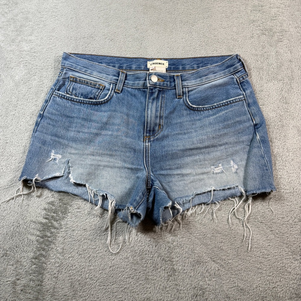 L'AGENCE Denim Clark Shorts Women 28 Blue High Rise Distressed Raw Hem Cotton